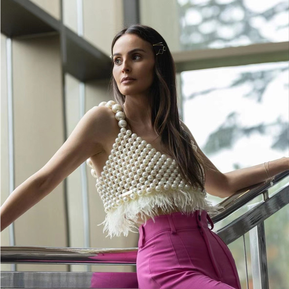 White Pearl Beaded Camisole Crop Tank To