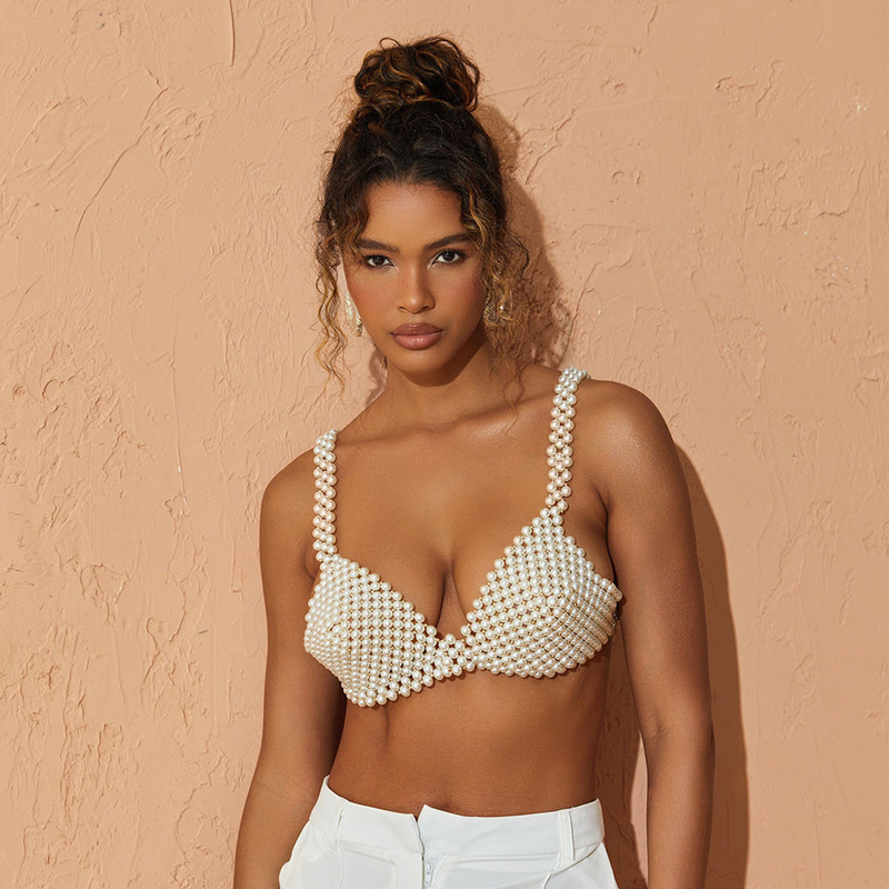 White Pearl Beaded Mesh Embellished Crop